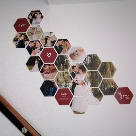 Hexagon Picture Wall, Hexagon Photo Wall, Wall Frame Design, Hexagon Photo, Family Photo Wall, Photo Wall Decor, Photo Wall Gallery, Hand Logo, Wall Gallery