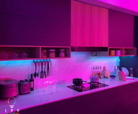 Led Apartment Kitchen, Led Kitchen Ideas, Kitchen Ideas With Led Lights, Led Lights Kitchen Ideas, Led In Kitchen, Led Lights House Aesthetic, Led Kitchen Aesthetic, Apartment With Led Lights, Led Light House Aesthetic