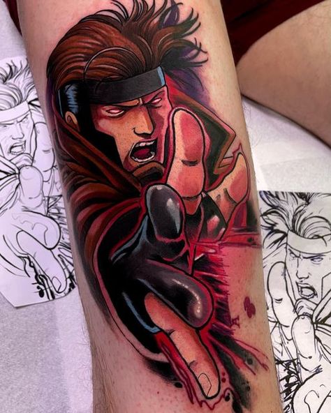 Rouge Tattoo Xmen, Rogue And Gambit Tattoo, Gambit Tattoo Design, Gambit Tattoo X Men, Gambit Xmen Tattoo, X Men Tattoo Ideas, Comic Tattoo Ideas, Gambit Tattoo, Dc Tattoo Ideas