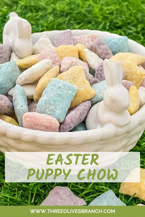 Easter Puppy Chow is a perfect sweet and salty Easter dessert recipe. Made with candy melts to get soft pastel colors, this holiday snack or appetizer is beautiful and delicious. Easter Puppy Chow, New Years Appetizers, Holiday Snack, Puppy Chow Recipes, Easter Desserts Recipes, Easter Baking, Soft Pastel Colors, Holiday Snacks, Puppy Chow