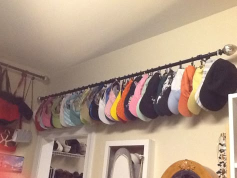 How to organize your hats and visors.... My own design... Hat Organizing Ideas, Store Hats Ideas, How To Organize Beanies, Ways To Organize Hats, Hang Hats In Closet, How To Store Beanies, How To Organize Hats, Organize Hats, Hat Storage Ideas