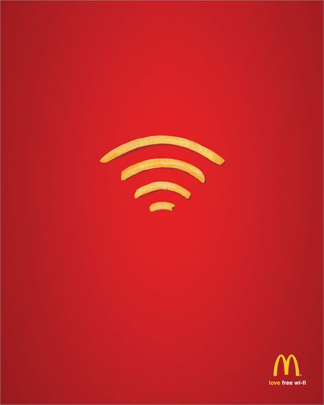 Semiotics Signs #2: this image gives detail that McDonalds is one step ahead of every other restaurant because they have free wifi. It's meant to lure the customers in because to some this a very great benefit. Wifi is the signifier, and the McDonald's logo is the signified object that's proving the point. Minimal Ads, Funny Commercial Ads, Photowall Ideas, Clever Advertising, 광고 디자인, Commercial Ads, Publicidad Creativa, Street Marketing, Guerilla Marketing