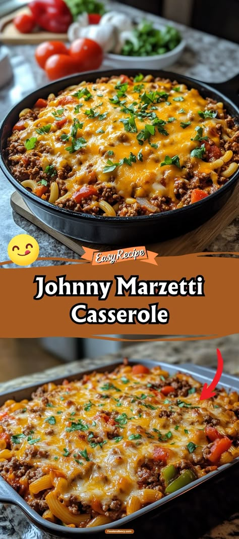 Savor the rich, hearty flavors of Johnny Marzetti Casserole, a comforting blend of ground beef, tomatoes, onions, and noodles, all baked under a melty cheese topping. This traditional Midwestern dish is perfect for family dinners, offering a filling and flavorful meal that's both nostalgic and delicious. #JohnnyMarzetti #GroundBeefCasserole #ComfortFood Yumzetti Casserole, Johnny Marzetti Recipe Crockpot, Original Johnny Marzetti Recipe, Hamburger Tomato Casserole Recipes, Bake Dishes For Dinner, Tomato Ground Beef Recipes, Macaroni Ground Beef Recipes, Casseroles Made With Ground Beef, Johnnie Marzetti Recipe