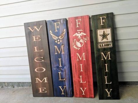 Military Family Wood Signs 7.5” x 31” www.etsy.com/shop/csquaredrusticflags Porch Boards, Marine Family, Marine Corps Gift, Military Crafts, Clothespin Art, Military Signs, Entry Porch, Military Decor, Military Pride