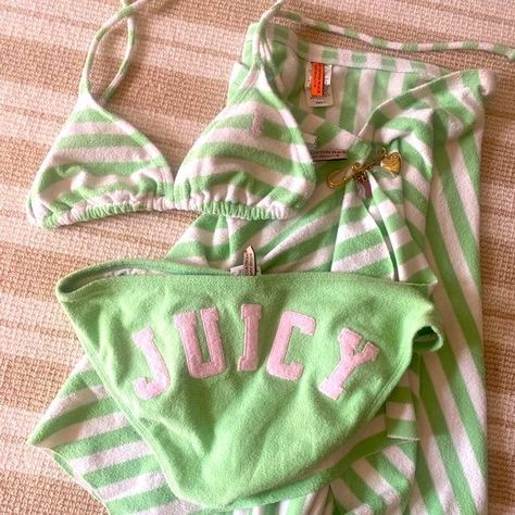 Juicy Couture Beach 3pc set, Bikini and cover up, Vintage & Rare Juicy Couture Swimwear, Pink And Green Juicy Couture, Juicy Couture Bathing Suit, Juicy Couture Swimsuit, 2000s Bikinis, Green Juicy Couture, Juicy Couture Clothes, Juicy Couture Y2k, Vintage Juicy Couture