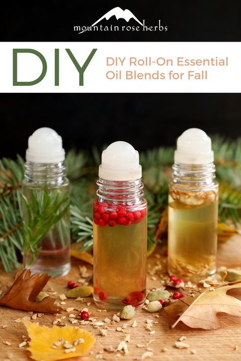 Three DIY Fall Roll-On Perfume Oil Recipes: With the summer days behind us, we're looking forward to the sights and smells of autumn. These three essential oil blends, conveniently carried in our roll-top bottles, can invigorate your senses with warming spices and forest aromas for a perky pick-me-up anytime of the season. Natural Perfume Recipes, Perfume Oil Recipes, Paper Crafts Ideas, Cardamom Essential Oil, Essential Oil Perfumes Recipes, Fall Essential Oils, Homemade Perfume, Floral Essential Oils, Mountain Rose