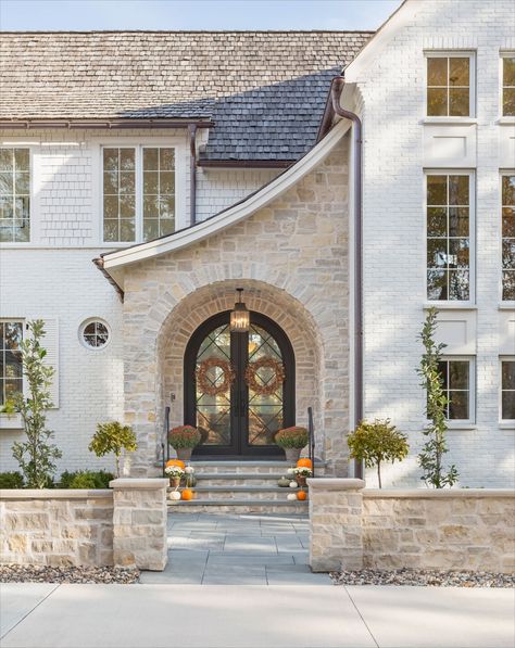 House On A Hill Entry Entry Courtyard, Country House Exterior, Arched Doorway, Architects House, French Country Exterior, Cast Stone Fireplace, Stone Exterior Houses, Minnesota Lake, European Cottage