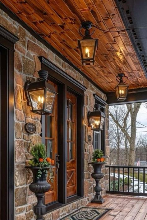 Front Door Lighting, Front Porch Lighting, Rustic Lanterns, Design Exterior, Dream House Interior, Porch Lighting, Dream House Exterior, Stone House, House Entrance