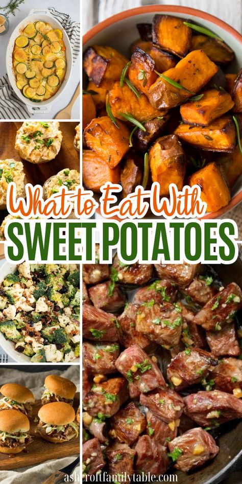 Collage of fall recipes to serve with sweet potatoes including main dishes and side dishes. Meals To Make With Sweet Potatoes, Meal Prep Ideas With Sweet Potatoes, Meat With Sweet Potatoes, What Pairs With Sweet Potato, Dinner Ideas With Sweet Potatoes Meals, Types Of Sweet Potatoes, What Can I Make With Sweet Potatoes, What To Serve With Sweet Potatoes, What Goes With Sweet Potatoes