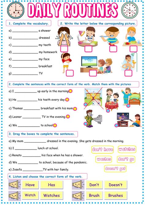 Daily routines worksheet - Interactive worksheet Daily Routine Worksheet, Funny Activities, Daily Routine Kids, Ideas Sketch, Free Time Activities, Simple Present Tense, Everyday English, English Activities For Kids, English Worksheet