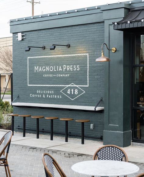 Corner Coffee Shop, Magnolia Press, Corner Coffee, Opening A Coffee Shop, Restaurant Exterior, Cozy Coffee Shop, Storefront Design, Green Paint Colors, Dark Green Color