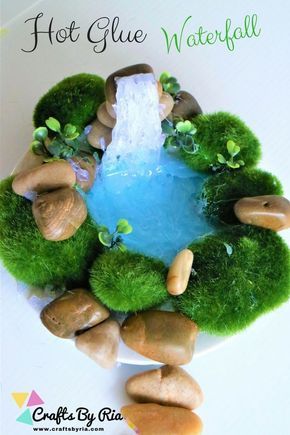 Make a miniature waterfall with hot glue gun. This hot glue gun waterfall is an excellent addition to your home and fairy garden. Can be used as home-decor, table-decor or room-decor! This is a very easy to make, inexpensive project. Waterfall Craft, Miniature Waterfall, Crafts With Hot Glue, Moss Rocks, Diy Waterfall, Kolam Air, Taman Air, Diy Glue, Artificial Leaves