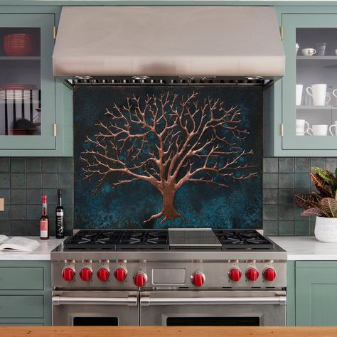 Blue Tree of Life Copper Kitchen Backsplash for Indoor & - Etsy French Country Backsplash, Victorian Style Kitchen, Copper Kitchen Backsplash, Copper Wall Decor, Copper Artwork, Copper Wall Art, Copper Tiles, Wreath Wall Decor, Contemporary Fireplace