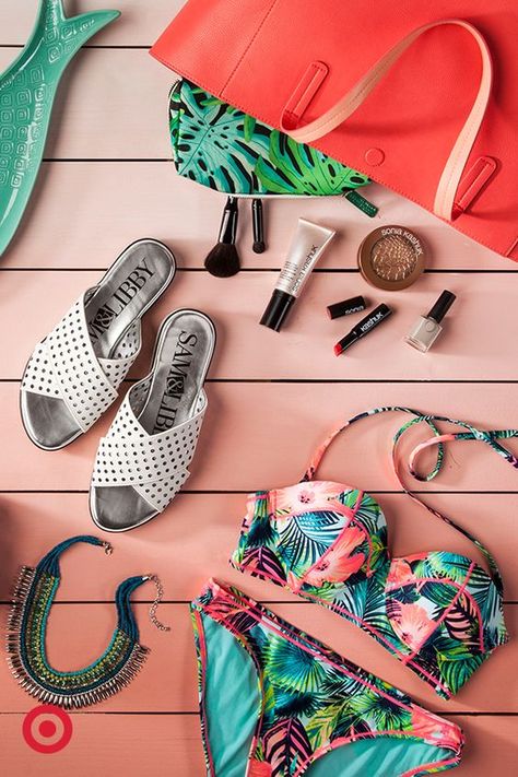 Footwear Styling, Tropical Prints, Prop Stylist, Bold Necklace, Flatlay Styling, Flat Lays, Swim Fashion, Photo Styling, Classic White