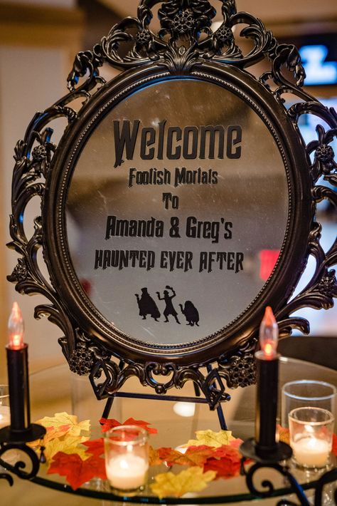 Gothic Halloween Wedding Decorations, Disney Halloween Wedding Ideas, Cheap Halloween Wedding Ideas, Halloween Wedding Signage, Halloween Disney Wedding, Disney Halloween Wedding, Spooky Elegant Wedding, Halloween Wedding Signs, Halloween Party Wedding