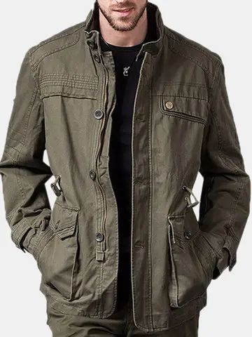 Stand Collar Pockets Cotton Waist Drawstring Military Solid Color Jacket for Mensales-NewChic Mobile Mens Military Style Jacket, Older Men Haircuts, Italian Mens Fashion, Everyday Jacket, California Outfits, Dad Fashion, Retro Jacket, Military Style Jackets, Tactical Boots