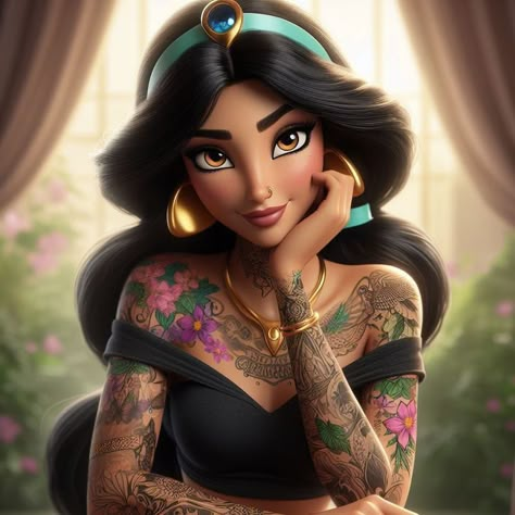 Tattooed Disney Princesses, Princess Jasmine Tattoo, Gothic Disney Princesses, Gothic Disney, Jasmine Tattoo, Dark Disney Princess, Dark Disney Art, Vibrant Tattoos, Modern Day Disney