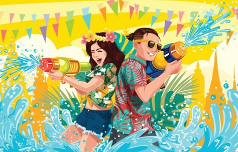 Couple Playing Water gun in Songkran Festival Water Festival Myanmar Design, Holi Creative, Myanmar Design, Songkran Thailand, Waterbomb Festival, Songkran Day, Martyrs Day, Psd Free Photoshop, Trippy Iphone Wallpaper