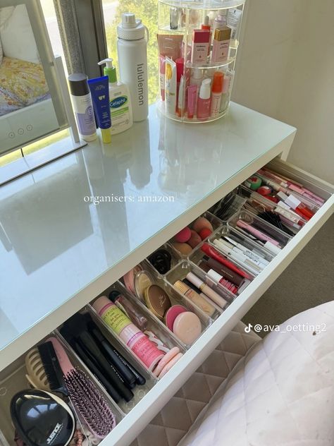 Ava oettings room tour on tiktok Ava Oetting Room Tour, Bedroom Inspo Vanity, Ava Rae Room, Makeup Station In Bedroom, Vanity Drawer Organization, Room Tour Bedroom, Organised Room, Room Tour Aesthetic, Vanity Organization Ideas