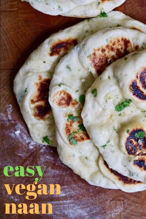 Easy Vegan Naan, Naan Bread Recipe Easy, Vegan Naan Bread, Pizza Naan, Naan Bread Recipe, Vegan Naan, Indian Flatbread, Recipes With Naan Bread, Quick Easy Vegan