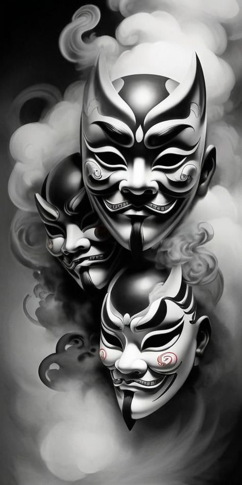 Japan Sleeve Tattoo Design, Tattoo Mask Japanese, Mask Design Tattoo, Japanese Mask Tattoo Design, Japanese Realism Tattoo, Orientalism Art Tattoo, Hannya Mask Tattoo Design, Mask Tattoo Design, Japanese Geisha Tattoo