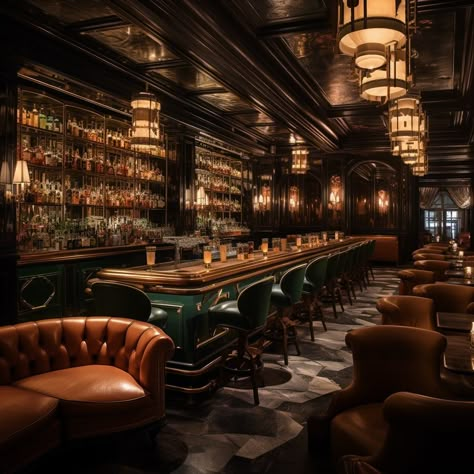 Modern Speakeasy Bar, British Bar Design, Prohibition Style Home Bar, Old Style Bar Design, Speakeasy Room Ideas Bar, Speakeasy Aesthetic Basement, Art Deco Ceilings, 20s Speakeasy Aesthetic, Private Room Club