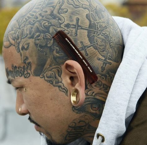 Bald Head Tattoo, Mens Face Tattoos, Bald Head Man, Guys Ear Piercings, Scalp Tattoo, Hard Tattoos, Black Men Tattoos, Face Tats, Edc Carry