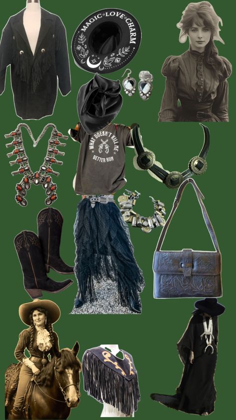 Gothic western with a vintage touch Punk Western Fashion, Gothic Cowgirl Outfit, Western Witch Aesthetic, Westerncore Aesthetic, Goth Western Aesthetic, Clothing Collage, Gothic Western, Western Goth, Grunge Western