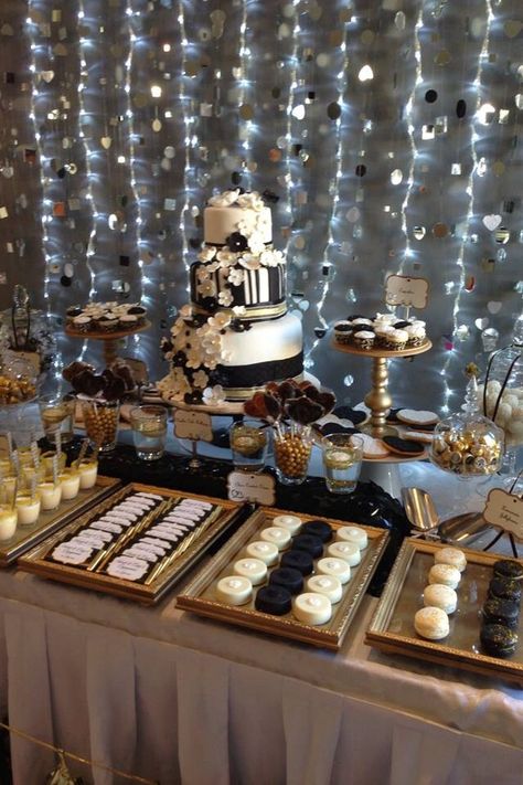 Dessert table styled by Sweet Freckles Glam Dessert Table, Desert Table Ideas Birthday Black And Gold, Black And Gold Wedding Dessert Table, Black Desert Table, Prom Dessert Table Ideas, Gold Cake Table, Dessert Table Birthday Party, Gold Dessert Table, Dessert Table Graduation