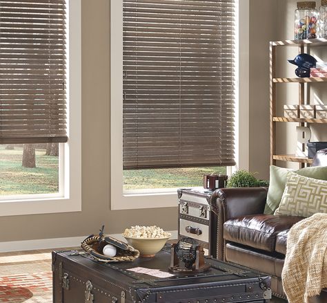 Wood blinds like Hunter Douglas Parkland™ wood blinds have been an American design element since the 18th century.  Their timeless design directs the sun, invites a gentle breeze, and the rich hardwood slats add warmth to an interior.  ♦ Hunter Douglas window treatments #LivingRoom Wood Blinds Long Drop, Wooden Blinds Living Room The Home Depot, Green Wooden Blinds, Hunter Douglas Vertical Blinds, Silhouette Blinds Hunter Douglas, Blinds Inspiration, Steel Stair Railing, Hunter Douglas Blinds, Grey Blinds