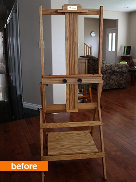 Go to this site to see easel transformed to TV stand.  They added shelves too!  http://www.apartmenttherapy.com/before-after-transforming-an-artists-easel-into-a-media-standszinteriors--176956 Tv Easel, Easel Tv, Easel Tv Stand, Awkward Corner, Eating Table, Artist Easel, Media Stand, Art Easel, Couch Table