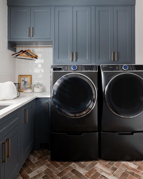 LAUNDRY ROOM REVEAL✨ this laundry room is one heck of a before and after!!! We reconfigured the layout to put the sink at the window and… | Instagram Laundry Room With Window And Sink, Gray Washer And Dryer Laundry Room, Ge Sapphire Blue Washer Laundry Room, Dusty Blue Laundry Room, Navy Laundry Room Cabinets, Grey Laundry Room Cabinets, Dark Blue Laundry Room, Blue Washer And Dryer, Navy Laundry Room