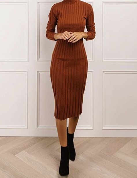 Caramel Dress Outfits, Black Bodycon Dress Casual, Long Black Bodycon Dress, Caramel Dress, High Neck Sweater Dress, Brown Knit Dress, Black Bodycon Dress Long Sleeve, Knitted Midi Dress, Frock Style