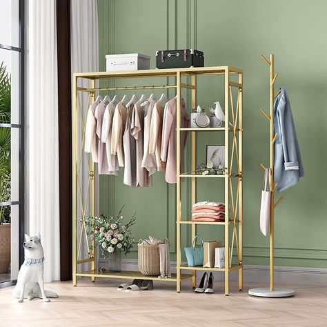 Clothing Display Rack, Industrial Clothing Rack, Standing Clothes Rack, Industrial Clothing, Rolling Clothes Rack, Metal Coat Hangers, Hall Tree With Storage, Gold Clothing, Free Standing Closet