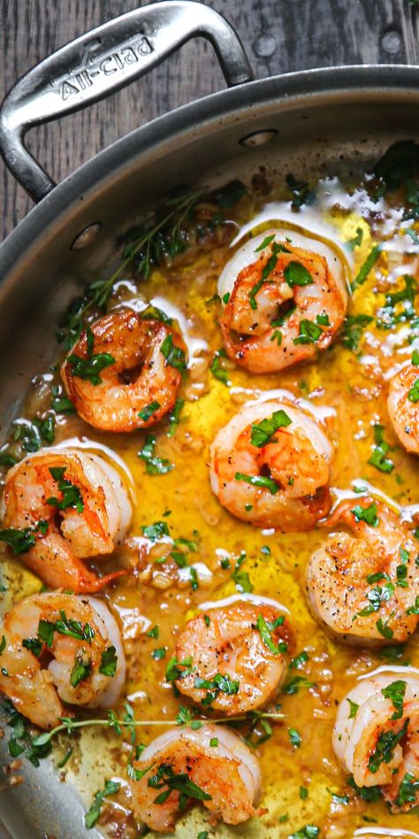 Seared Shrimp with Garlic Lemon Butter Herb Sauce in a stainless steel pan. Shrimp Butter Sauce, Rotating Meal Plan, Butter Herb Sauce, Lemon Butter Shrimp, Lemon Shrimp Recipes, Shrimp With Garlic, Butter Herb, Seafood Dinner Recipes, Lemon Shrimp