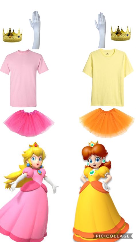 Daisy and Peach Halloween Costumes!!! So cute and perfect for best friends!! Good group / twinning costumes are so hard to find!! Duo Halloween Costumes Princess Peach And Daisy, Easy Princess Daisy Costume, Diy Princess Daisy Costume Women, Halloween Costumes Mario Characters, Plus Size Princess Peach Costume Diy, Daisy Mario Kart Costume Diy, Preppy Mario And Luigi Costumes, Peaches Halloween Costume, Princess Peach And Daisy Diy Costume