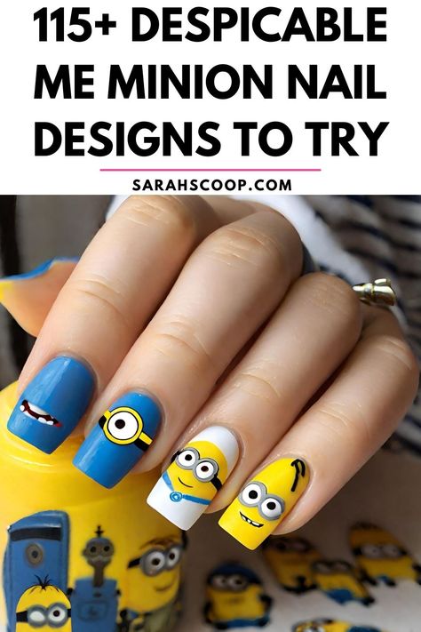 Dive into the world of Gru and his Minions with these 115+ exceptional Despicable Me Minion Nail Designs and Nail Art. Your nails will surely have that fun and unique spin everyone will adore! #NailArt #DespicableMe #MinionNails #CreativeNailDesigns Despicable Me Nails, Minion Nails Acrylic, Minion Nails Designs, Universal Studios Nails Design, Cartoon Nails Art, Universal Studios Nail Ideas, Universal Studios Nails, Character Nail Designs, Nail Art Designs Unique