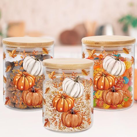 PRICES MAY VARY. PACKAGE INCLUDES: The package includes 3pcs fall glass storage jars, all have corresponding bamboo lids, allowing you for enough storage space. Sufficient for your daily use and replacement needs. CHIC STYLE: Our glass storage jars featuring the pumpkins and autumn leaves, adopt the warm orange tone, classic and delicate, full of festive autumn atmosphere, which can elevate your aesthetic taste for the kitchen decor. GOOD QUALITY: The glass jar is made of quality borosilicate gl Fall Gifts For Coworkers, Canister Crafts, Pumpkin Kitchen, Kitchen Countertop Decor, Countertop Decor, Orange Tone, Coffee Canister, Glass Storage Jars, Tidy Kitchen