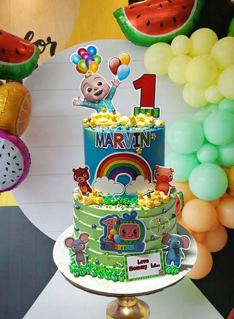 Cocomelon 2 Tier Cake Design, Cocomelon Cake Design, Cocomelon Cake, Second Birthday Cakes, Melon Cake, Baby Birthday Party Theme, Coco Melon, Tiered Cake Design, Cocomelon Birthday