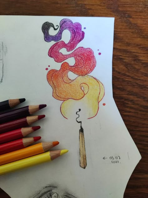 Fire Drawing Colored Pencil, Sketch Ideas Colored Pencil, Trippy Colored Pencil Drawing, Dnd Drawing Ideas, Match Drawing Burning, Easy Drawings Colored Pencils, Witch Drawing Aesthetic, Colored Pencils Aesthetic, Candle Flame Drawing