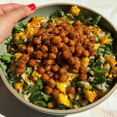 Crispy Chickpea Rice Bowl Chickpea Rice Bowl, Chickpea And Rice, Chickpea Rice, Crispy Chickpea, Long Grain Brown Rice, Crispy Chickpeas, Head Of Cauliflower, Chickpea Recipes, Napa Cabbage