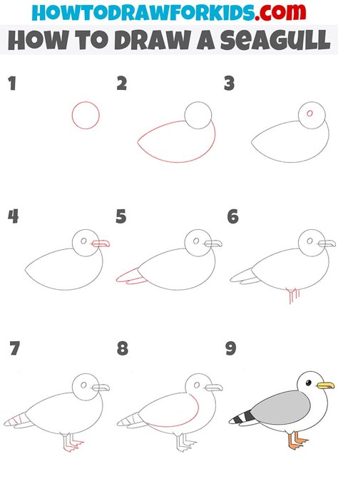 How To Draw A Seagull Step By Step, Easy Seagull Drawing, How To Paint A Seagull, How To Draw A Seagull, Seagulls Drawing, Seagull Doodle, Insect Doodles, Directive Drawing, Seagull Drawing