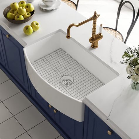 Whitehaus Collection Gothichaus Fireclay 30" x 18" Sink with a Swirl Design Front Apron and a Fluted Front Apron | Wayfair Single Basin Kitchen Sink, White Farmhouse Sink, Kitchen Basin, Apron Front Kitchen Sink, Deep Sink, Fireclay Farmhouse Sink, Farmhouse Kitchen Sink, Apron Front Sink, Apron Sink Kitchen