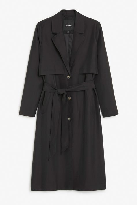 Monki Image 1 of Twill trench coat in Black Soft Trench Coat, Long Black Trench Coat, Tie Waist Shirt, Stylish Coat, Abaya Designs, Long Trench Coat, Trench Coat Black, Quilted Coat, Black Magic