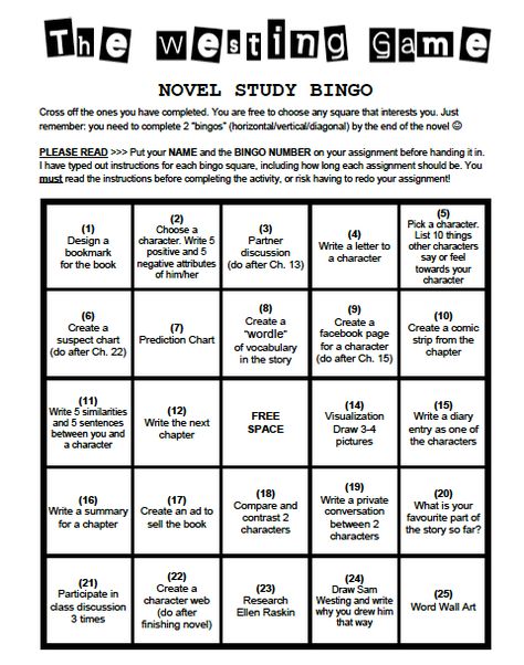 Gr 6/7: The Westing Game Bingo - WELCOME The Westing Game Activities, Westing Game Activities, Westing Game, The Wednesday Wars, The Westing Game, Reading Bingo, Game Bingo, Game Activities, Summer Book Club