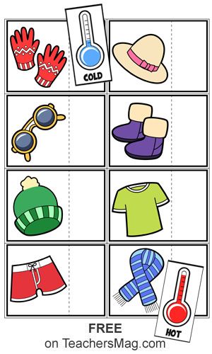 For these fun worksheets students need to examine the picture of a piece of clothing and then cut-out and paste the indication of it is the kind of clothing for hot weather or cold weather. Dressing For The Weather Preschool, Hot Or Cold Worksheet Free Printable, Clothing Study Science Center, Hot And Cold Sorting Free Printable, Weather Clothing Sort Free Printable, Weather Pictures For Kids Free Printable, Dress For The Weather Printable, Weather Station For Kids, Clothes For Hot Weather