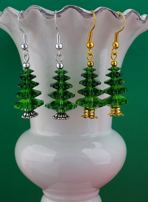 Christmas Tree Earrings, Swarovski 5 Tier Fern Green Tree Earrings, Christmas Holiday Jewelry, Sterling Silver, Gold, Holiday Gift for Her Total measurement from top of Ear Wire is approximately 1 1/2".  The total length of the Tree from the point of dangle if 1".  Your choice of Sterling Silver or Gold-Filled Ear Wires. A Special Gift for Someone Special or just a little something to put you in the Christmas Spirit, these Little Trees are sure to catch a "Twinkle" in their eye. Thank you for lo Christmas Earrings Diy, Beaded Christmas Tree Earrings, Christmas Jewelry Ideas, Christmas Jewelry Diy, Diy Earrings Easy, Beads Craft Jewelry, Gold Holiday, Jewelry Making Earrings, Tree Earrings