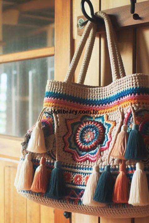 This handmade crochet tote bag with a vibrant mandala design is the perfect accessory for those who appreciate unique, artisan-crafted fashion. Old Library, Crochet Design Pattern, Crochet Tote Bag, Fire Mountain, Crochet Tote, Bag Crochet, Crochet Bags, Green Sweater, Mandala Design