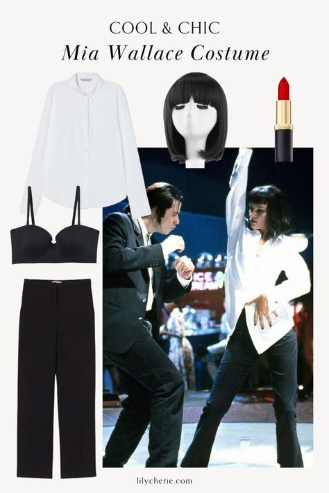 Cute Halloween Costumes From Movies, Sharon Tate Halloween Costume, Tarantino Halloween Costumes, Low Maintenance Halloween Costumes, Fantasia Mia Wallace, Mia Wallace Disfraz, Easy Iconic Halloween Costumes, Pulp Fiction Mia Wallace Costume, Hollywood Costume Ideas For Women