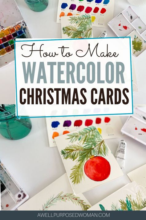 Christmas Watercolours Easy, How To Make Watercolor Christmas Cards, How To Make Homemade Christmas Cards, Ideas For Homemade Christmas Cards, Diy Winter Birthday Cards, How To Make Your Own Christmas Cards, Paint Your Own Christmas Cards, Christmas Painting Ideas Watercolor, Watercolor Santa Christmas Cards